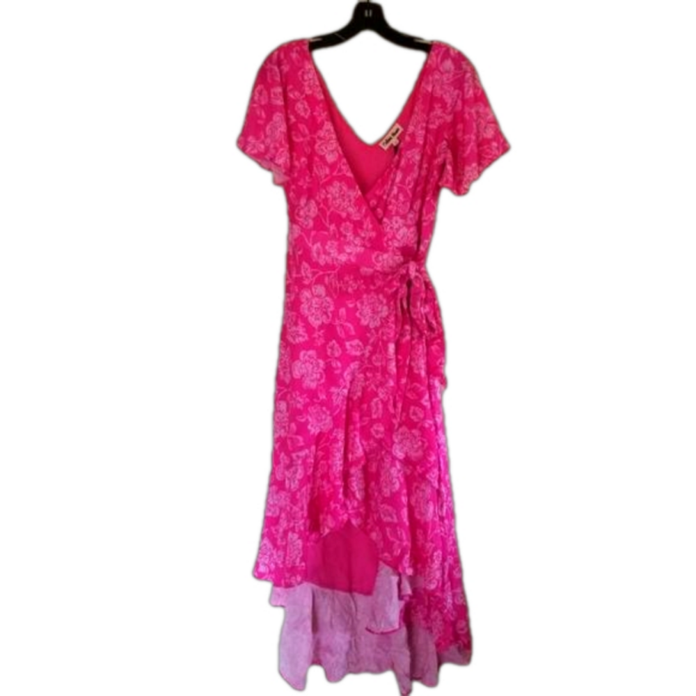 NWT Celina Moon Floral Pink Ruffle Wrap Tie Bow Girlhood Hi-Lo Midi Dress Size S